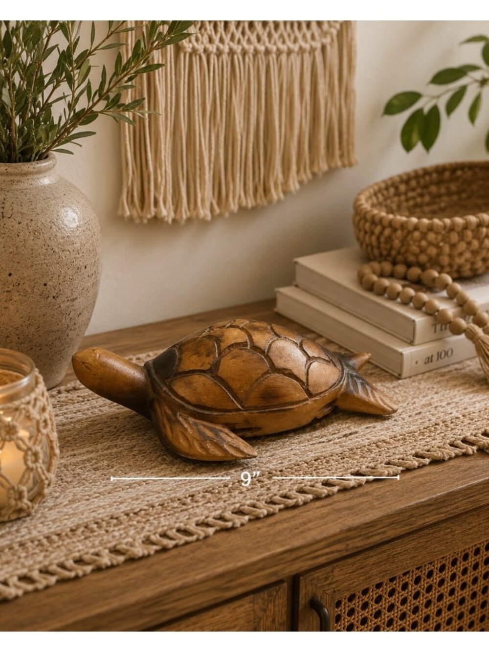 vintage Hand-Carved Wooden Turtle Figurine 9" Decorative Accent Piece